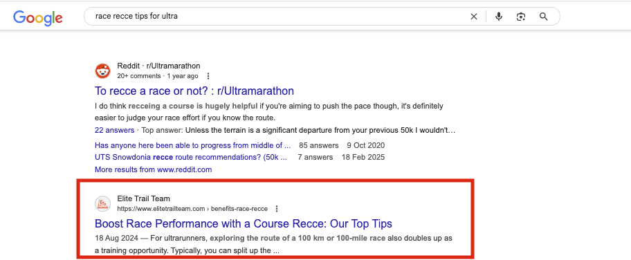 Google results for “race recce tips for ultra” with the Elite Trail Team course recce article highlighted in second place