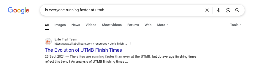 Google results for “is everyone running faster at utmb” with the Elite Trail Team article in first place