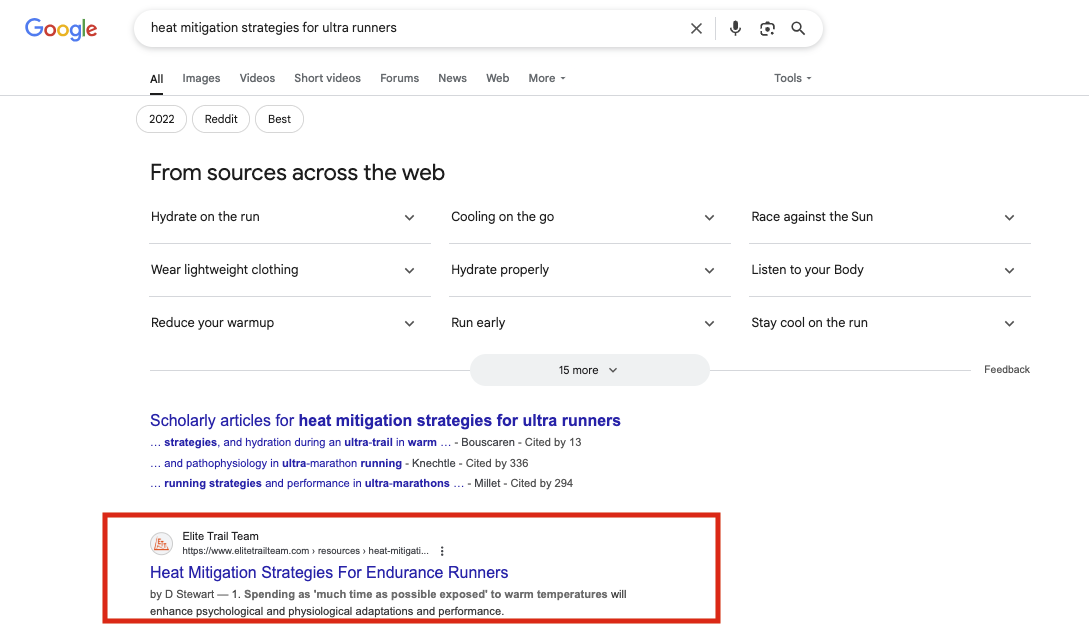 Google results for “heat mitigation strategies for ultra runners” with the Elite Trail Team article highlighted in second place