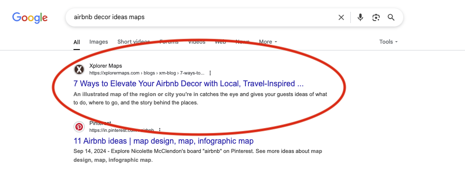 Google results for “airbnb decor ideas maps” with the Xplorer Maps article circled in first place