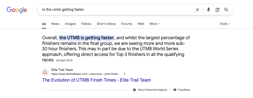 Google results for “is the utmb getting faster” showing a featured snippet and the Elite Trail Team article on UTMB finish times